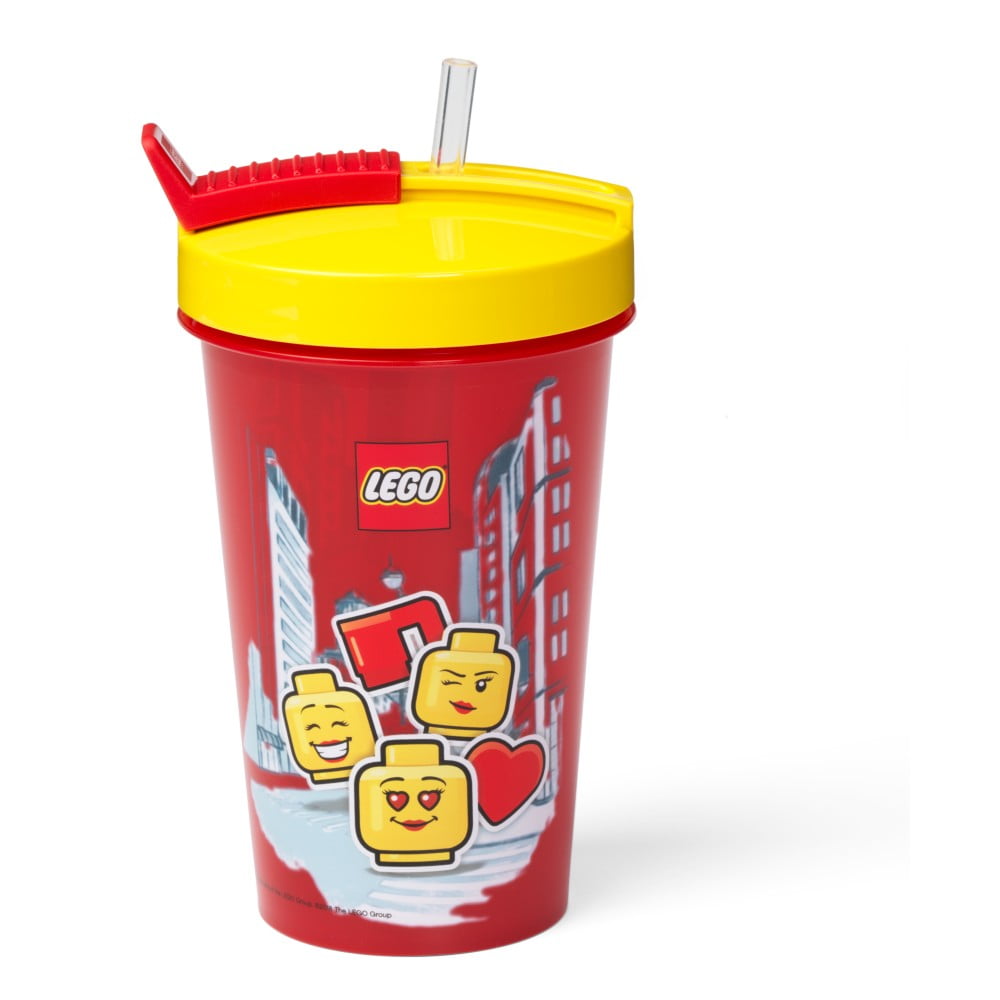 Pahar cu capac galben și pai LEGO® Iconic, 500 ml, roşu
