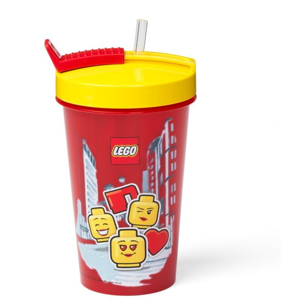 Pahar cu capac galben și pai LEGO® Iconic, 500 ml, roşu