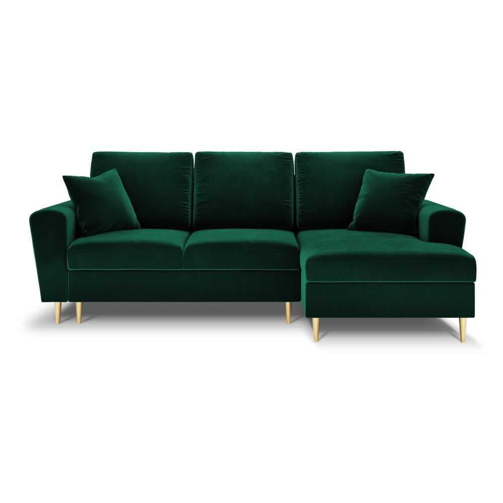 Colțar verde extensibil, cu spațiu de depozitare cu tapițerie din catifea (cu colț pe partea dreaptă, cu șezlong) Kyoto – Cosmopolitan Design