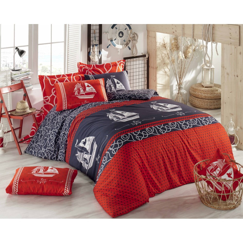 Lenjerie de pat roșie/albastru-închis din bumbac pentru pat dublu 200×200 cm Marine – Mijolnir 200x200 imagine noua