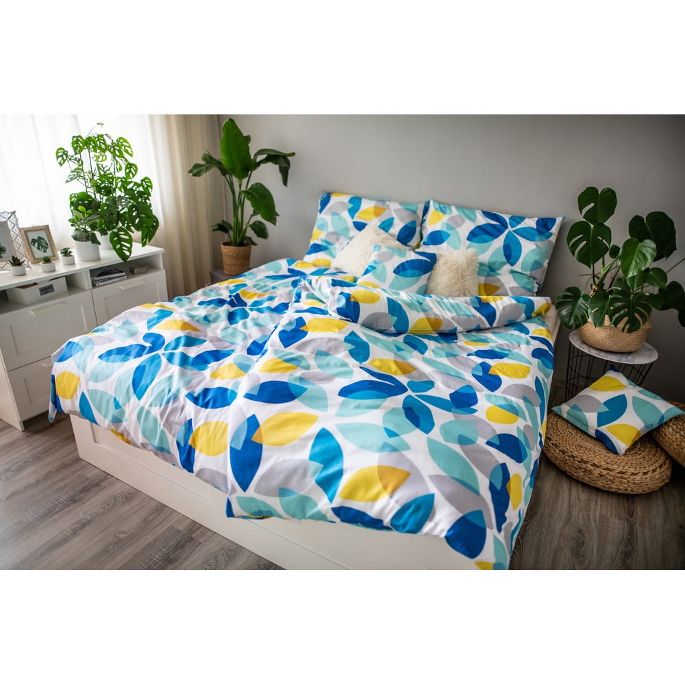 Lenjerie de pat din bumbac satinat Cotton House Spring, 140 x 200 cm, albastru – verde 140 imagine noua somnexpo.ro