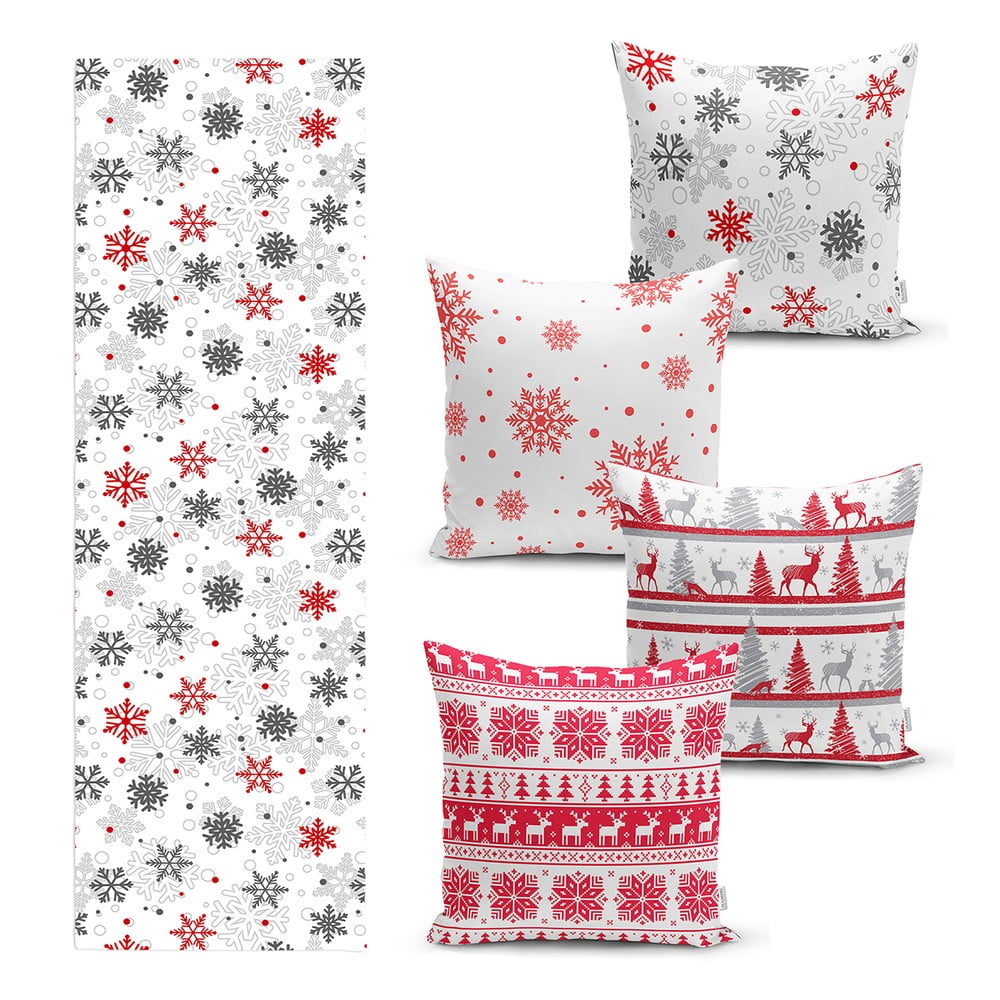 Set 4 fețe de pernă și un napron de masă cu model de Crăciun Minimalist Cushion Covers Red Christmas bonami.ro