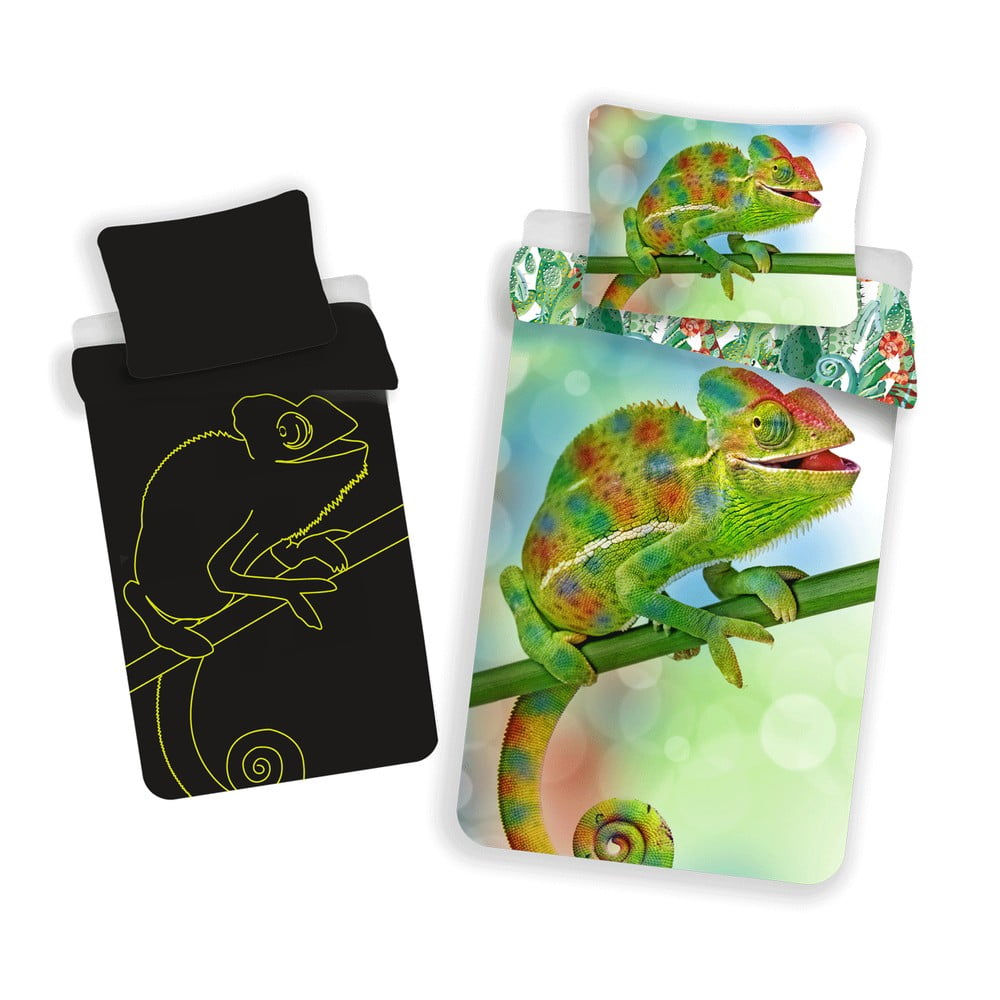 Lenjerie de pat fosforescentă pentru copii verde din bumbac pentru pat de o persoană 140x200 cm Chameleon – Jerry Fabrics
