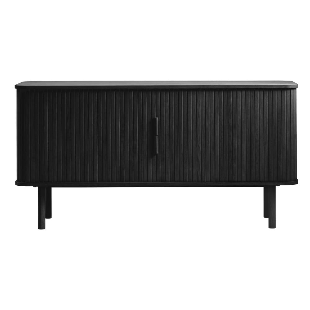 Comodă neagră joasă cu aspect de lemn de stejar cu ușă glisantă 76x160 cm Cavo – Unique Furniture