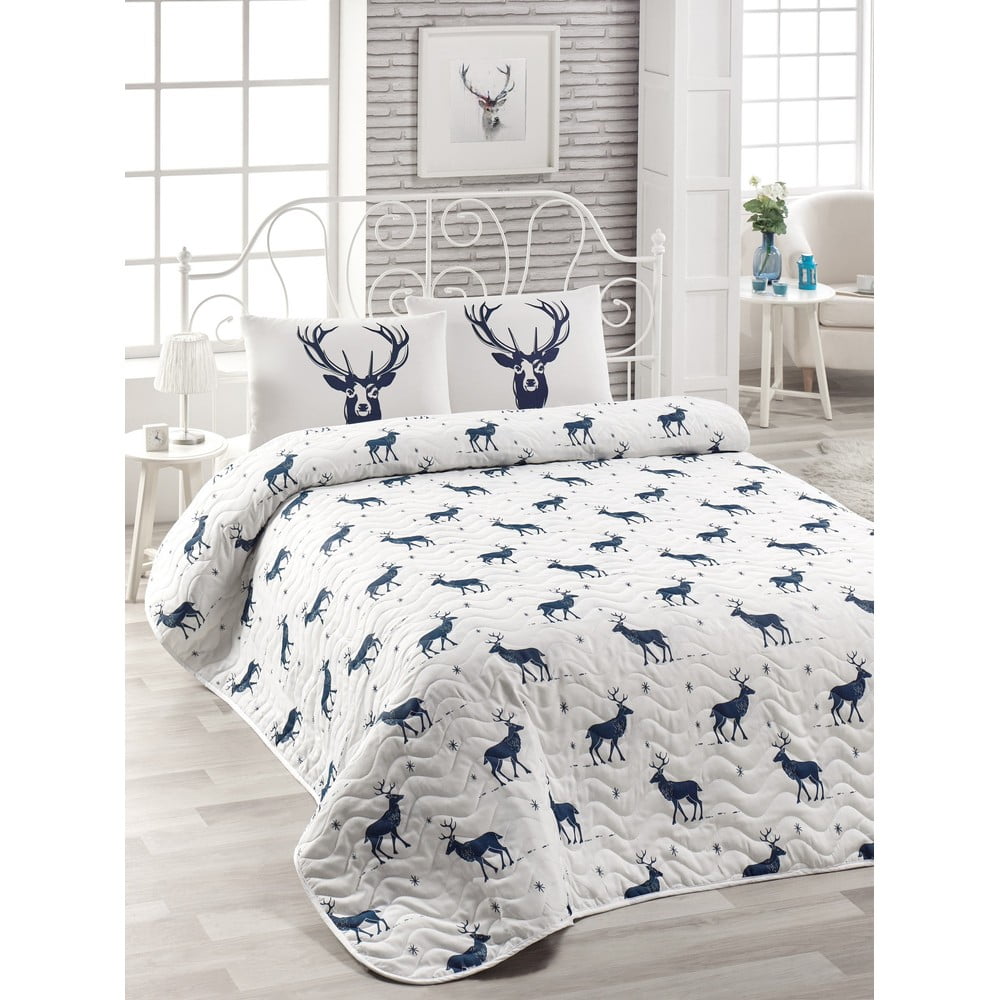 Set cuvertură matlasată și 2 fețe de pernă din amestec de bumbac pentru pat dublu EnLora Home Geyik Dark Blue, 240 x 220 cm