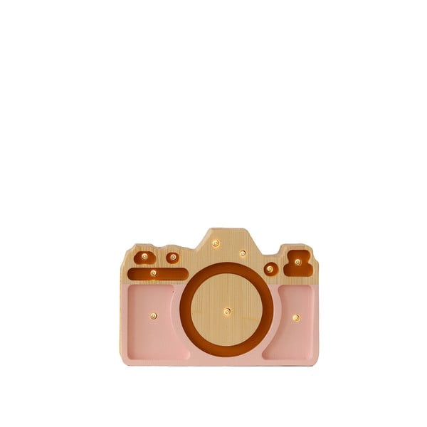 Veioză roz din lemn de pin Little Lights Camera, lățime 20 cm