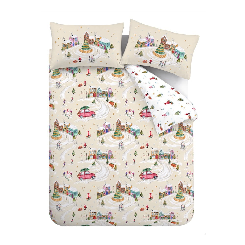 Lenjerie de pat albă-bej pentru pat de o persoană 135×200 cm Christmas Town – Catherine Lansfield 135x200 imagine noua somnexpo.ro