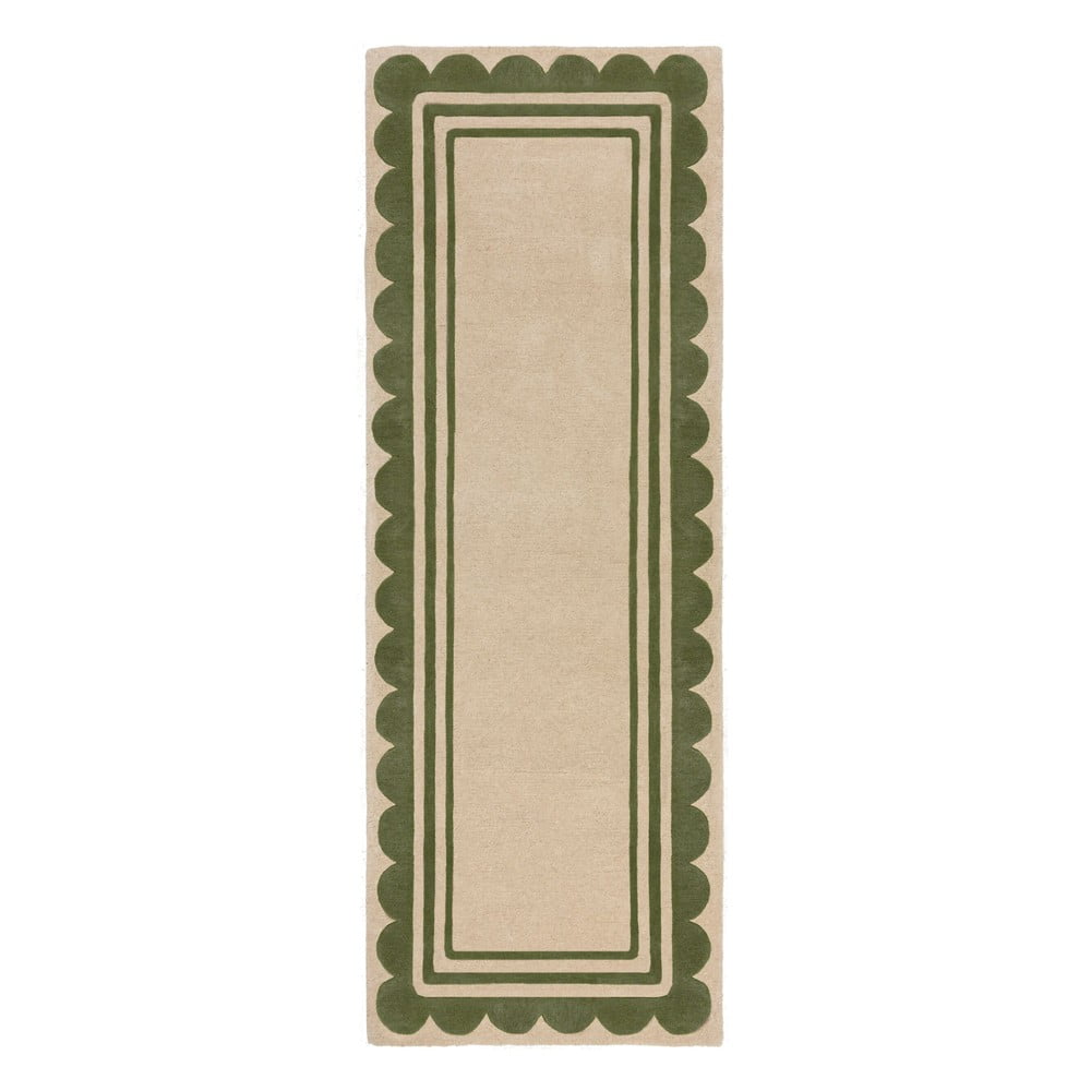 Covor tip traversă verde/în culoare naturală țesut manual din lână 80x230 cm Lois Scallop – Flair Rugs