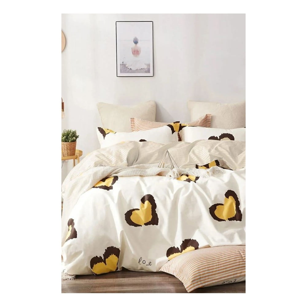 Lenjerie de pat galbenă din bumbac ranforcé pentru pat dublu/extinsă cu cearceaf inclus/cu 4 piese 200x220 cm Double Heart – Mila Home