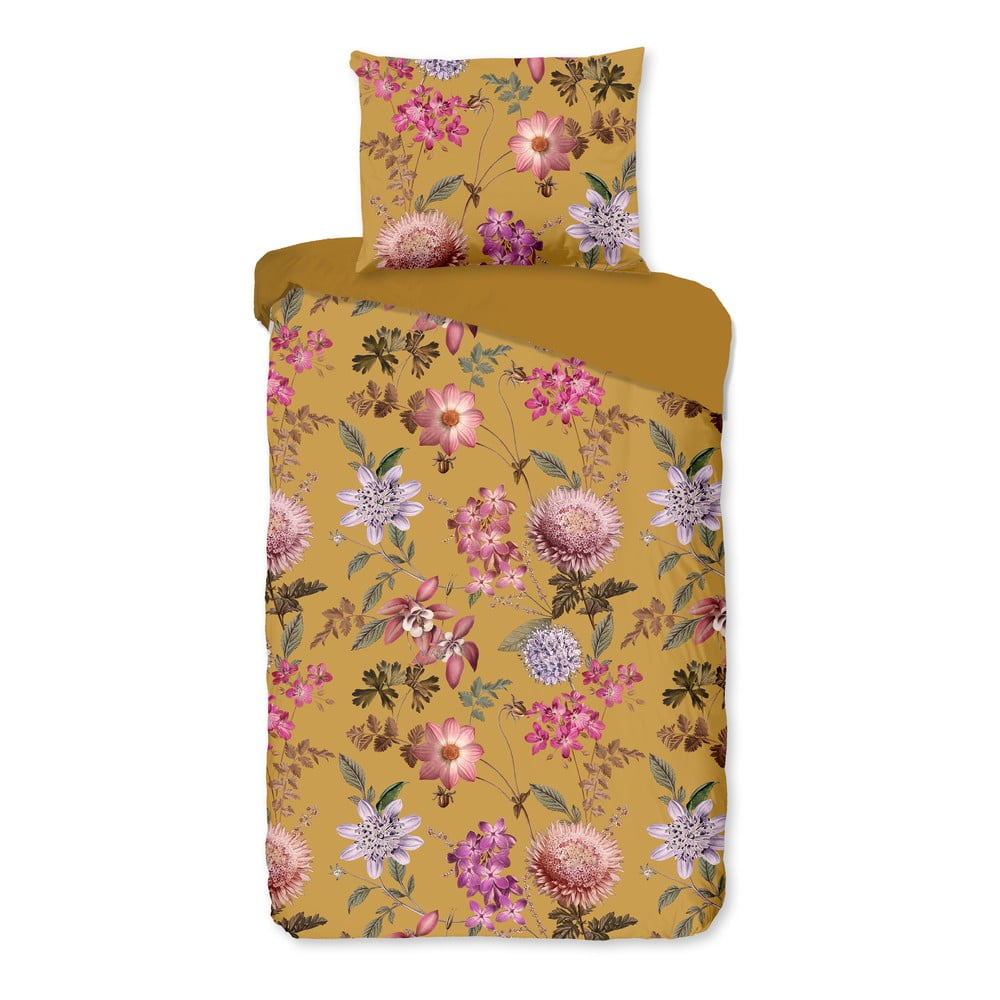 Lenjerie de pat din bumbac satinat pentru pat dublu Bonami Selection Blossom, 200 x 200 cm, ocru Bonami Selection