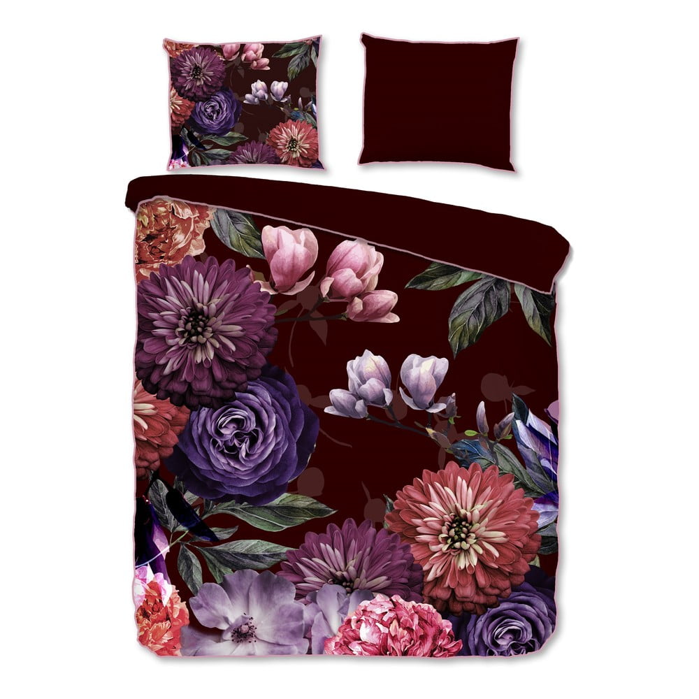 Lenjerie de pat din bumbac organic pentru pat dublu Descanso Gerbera, 200 x 200 cm, violet închis bonami.ro