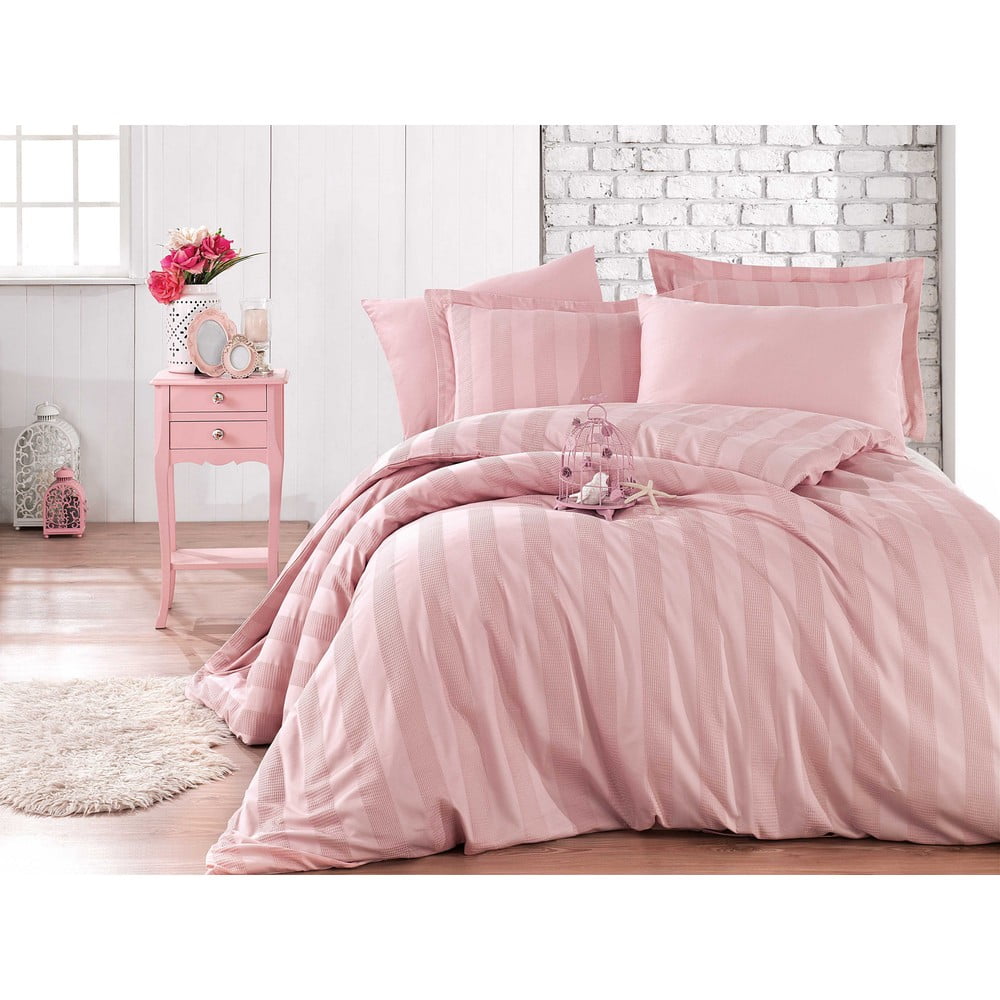 Lenjerie de pat din bumbac satinat pentru pat dublu cu cearșaf Hobby Wafel, 200 x 220 cm, roz 200