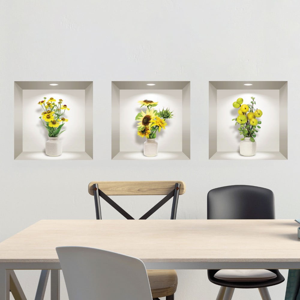 Set 3 autocolante 3D pentru perete Ambiance Yellow Flowers Ambiance pret redus