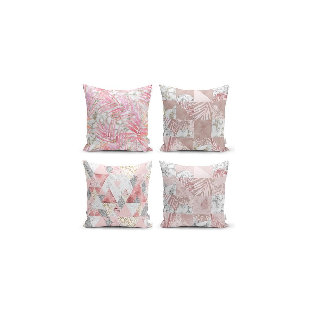 Set 4 fețe de pernă decorative Minimalist Cushion Covers Pink Leaves, 45 x 45 cm