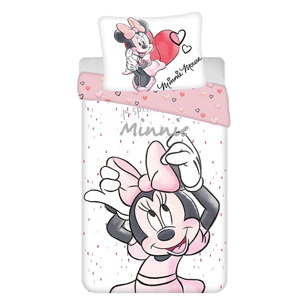 Lenjerie de pat pentru copii albă/roz din bumbac pentru pat de o persoană 140x200 cm Minnie 