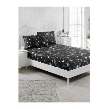 Lenjerie de pat cu cearșaf elastic și 2 fețe pernă Starry Night, 160 x 200 cm, negru