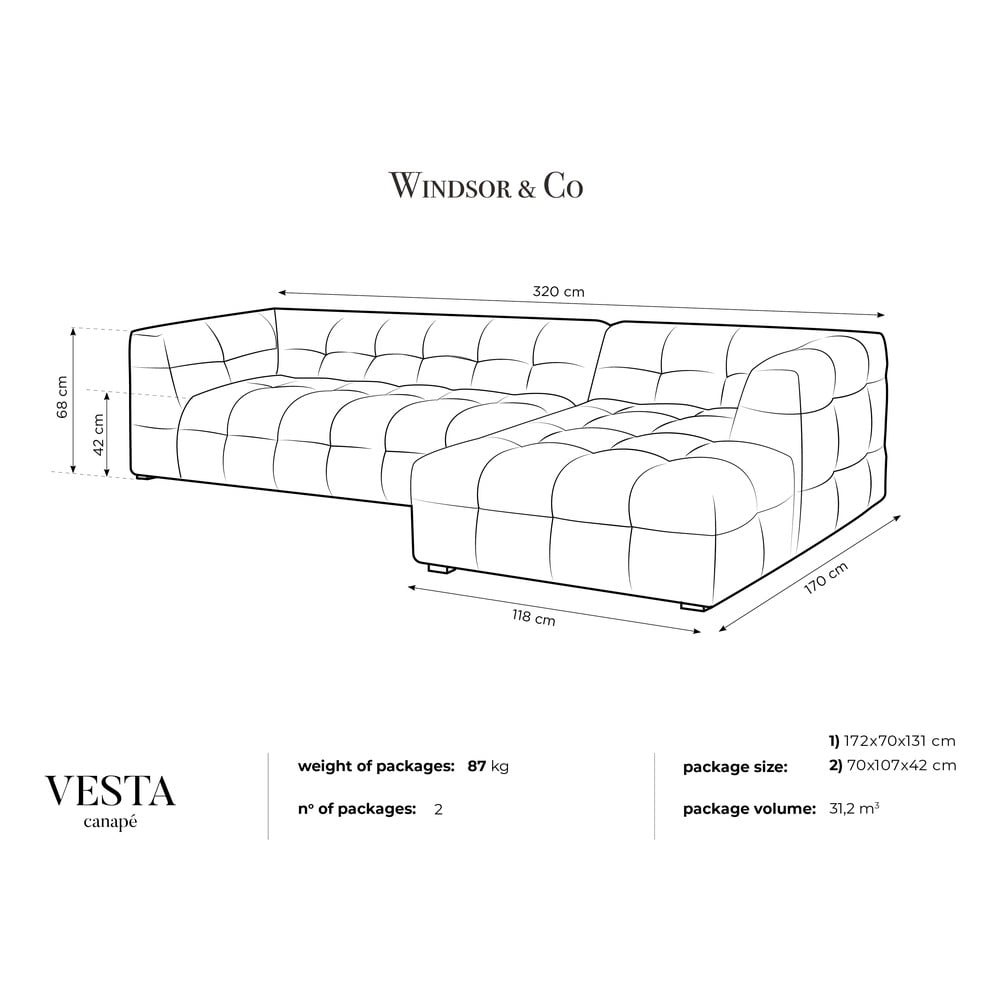 Colțar cu tapițerie din catifea și șezlong pe partea dreaptă Windsor & Co Sofas Vesta, bej Bej imagine noua somnexpo.ro
