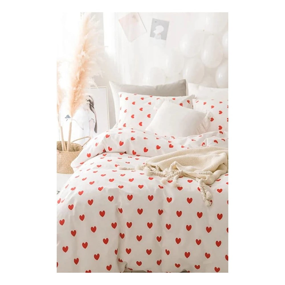 Lenjerie de pat crem din bumbac ranforcé pentru pat dublu/extins cu cearceaf inclus/cu 4 piese 200x220 cm Mini Hearts – Mila Home