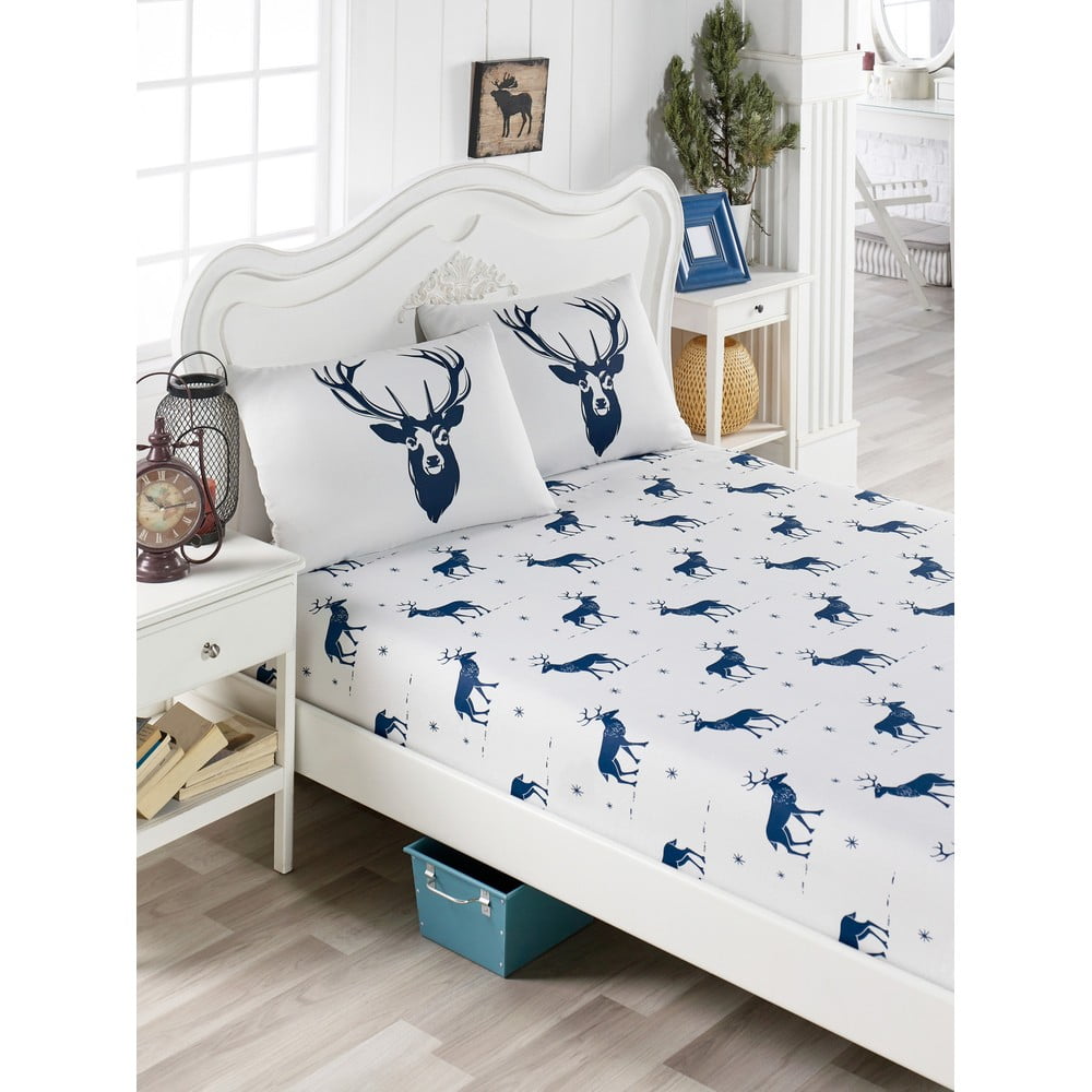 Set lenjerie și 2 fețe pernă din amestec de bumbac, pentru pat dublu EnLora Home Geyik Dark Blue, 160 x 200 cm