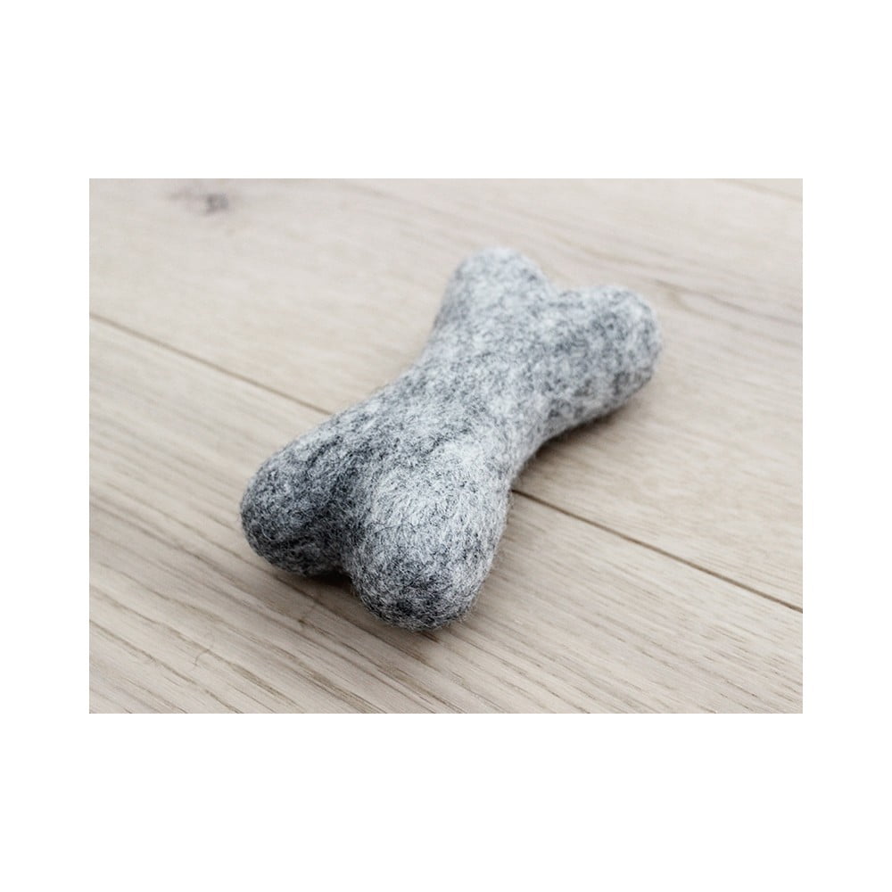 Jucărie în formă de os pentru animale, din lână Wooldot Pet Bones, lungime 14 cm, gri oțel