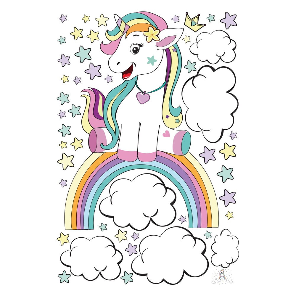 Autocolant de perete pentru copii ambiance unicorn on its fairy rainbow, 90 x 60 cm