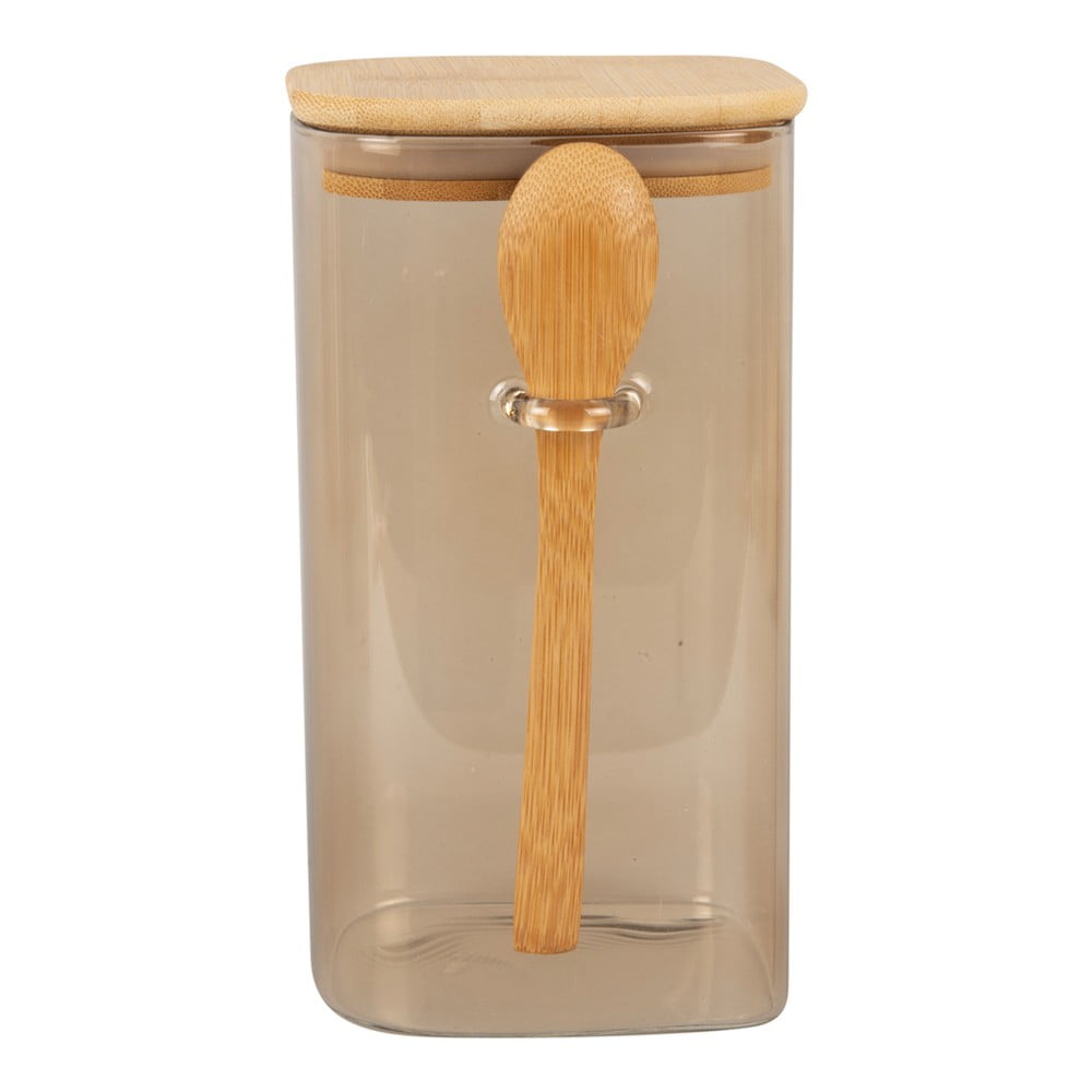 Borcan din sticlă cu capac și lingură din lemn PT LIVING Canister, înălțime 19 cm, maro