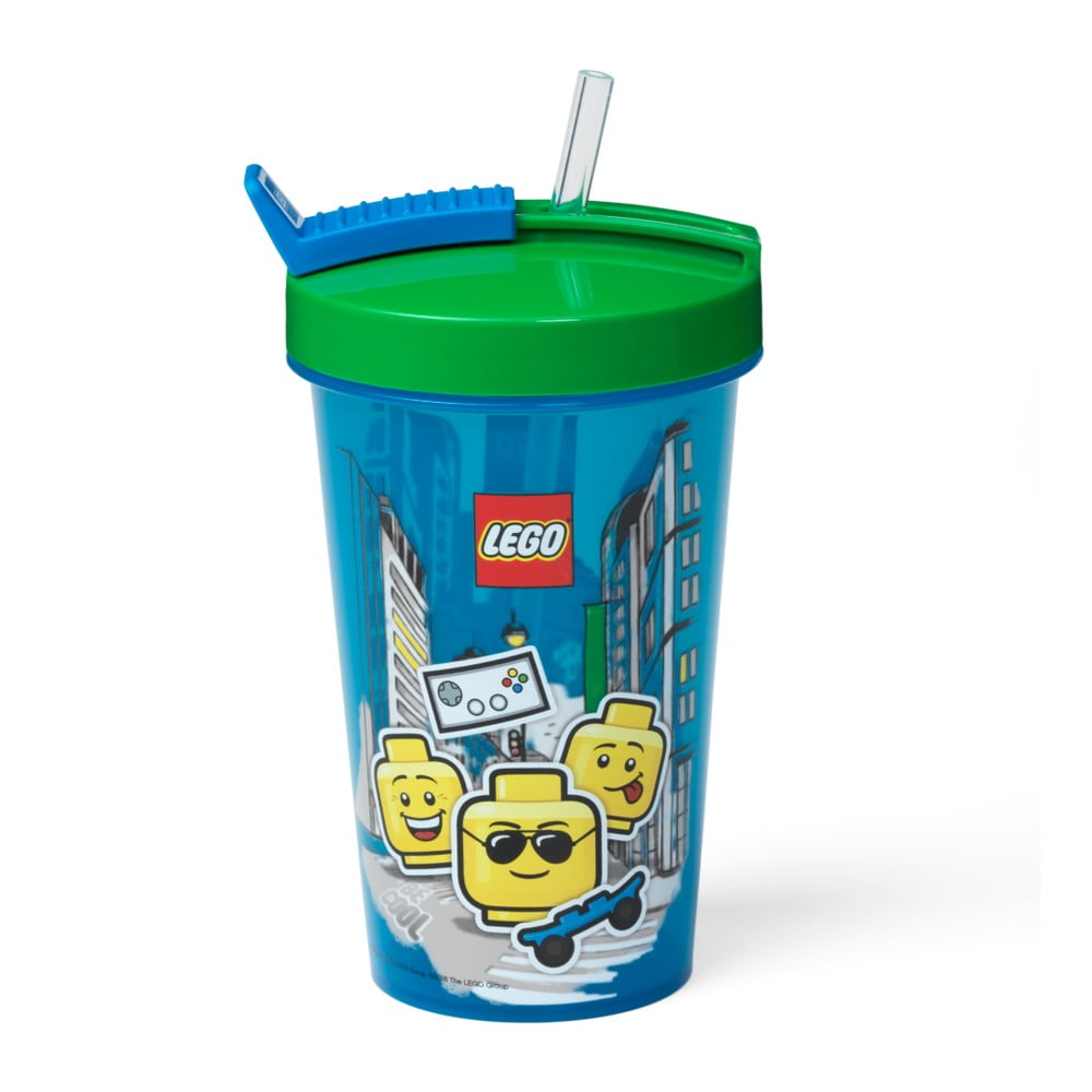 Poza Pahar cu capac verde si pai LEGOA® Iconic, 500 ml, albastru