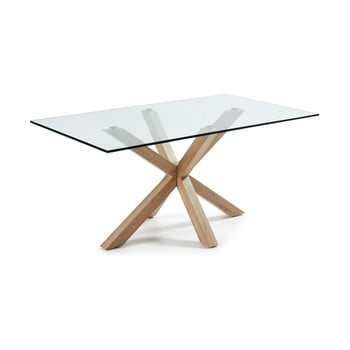Masă de dining din sticlă cu structură cu aspect natural la forma, 160 x 90 cm