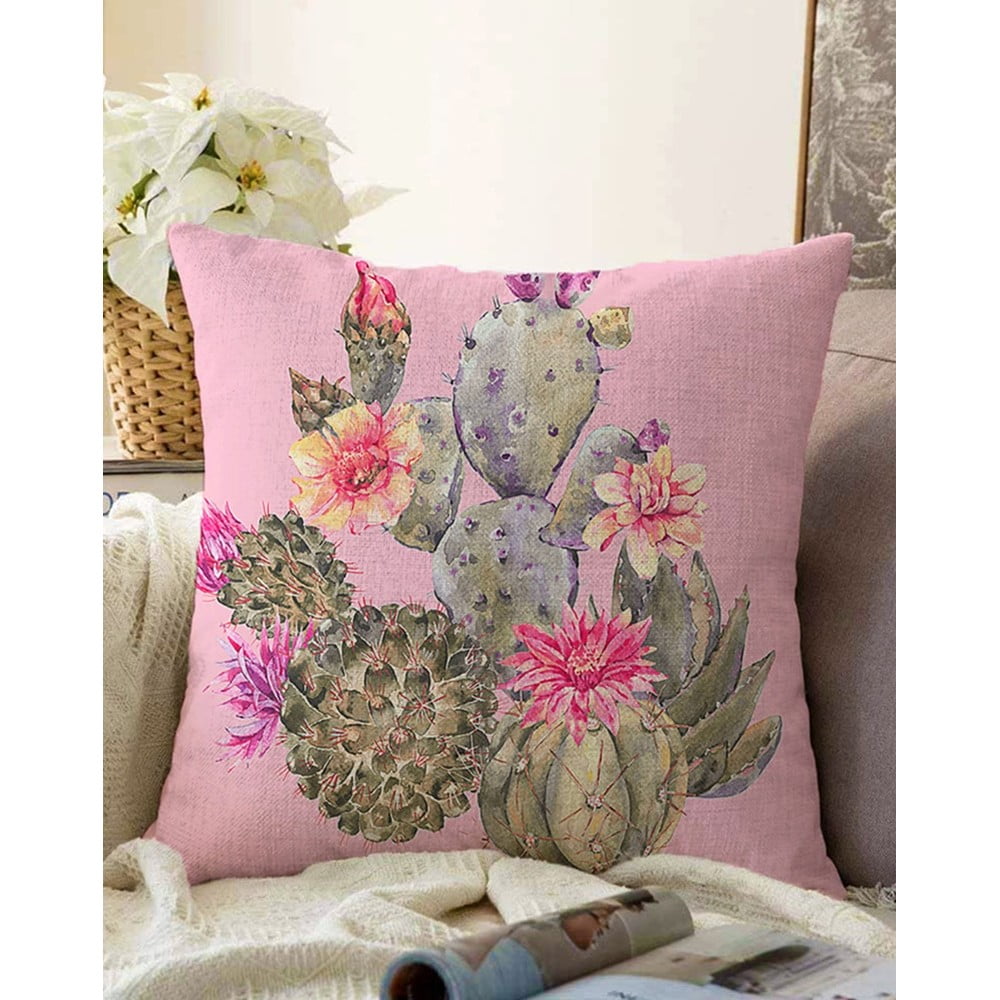 Față de pernă din amestec de bumbac Minimalist Cushion Covers Lovely Cactus, 55 x 55 cm, roz bonami.ro imagine noua