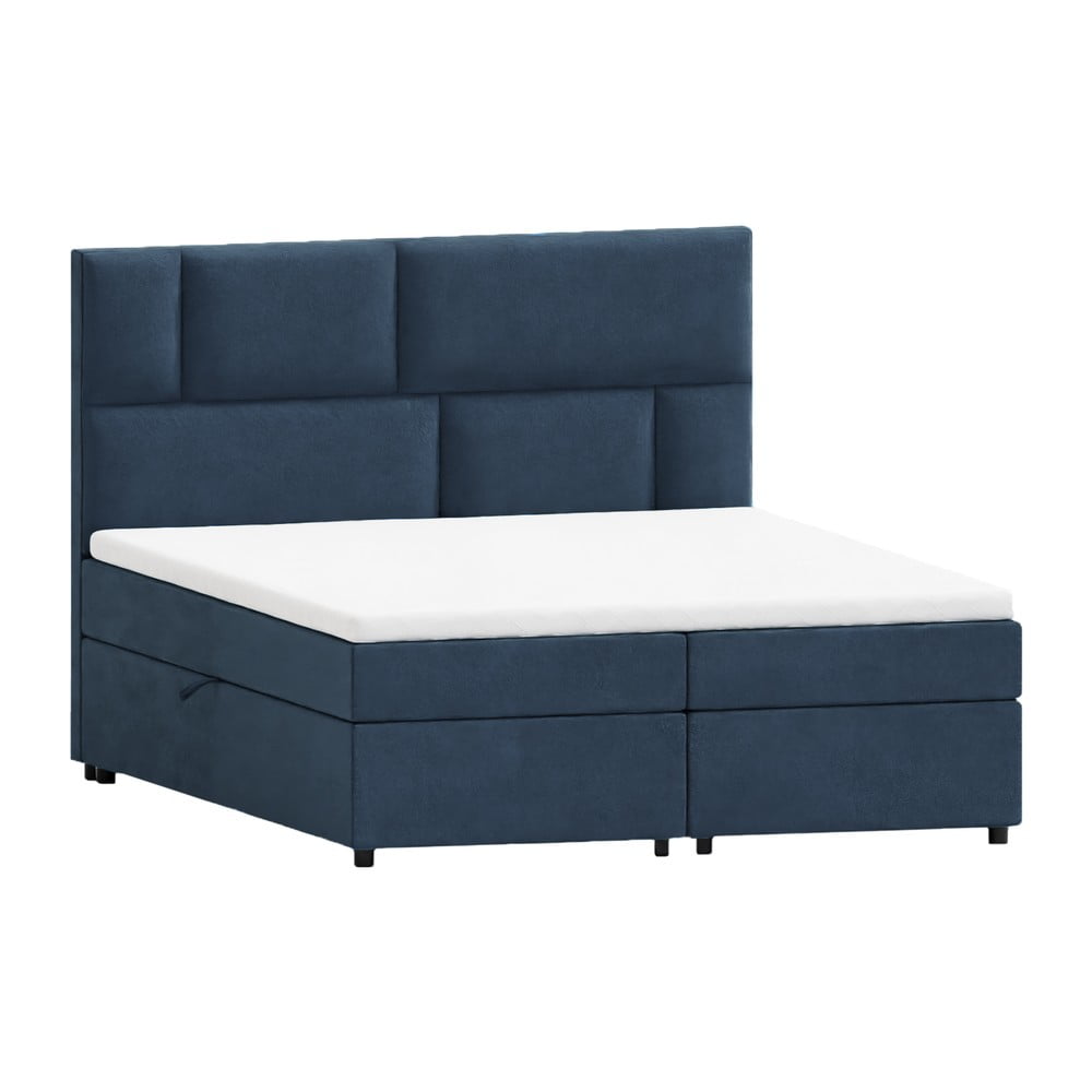 Pat boxspring albastru închis cu spațiu de depozitare 180x200 cm Lola – Ropez