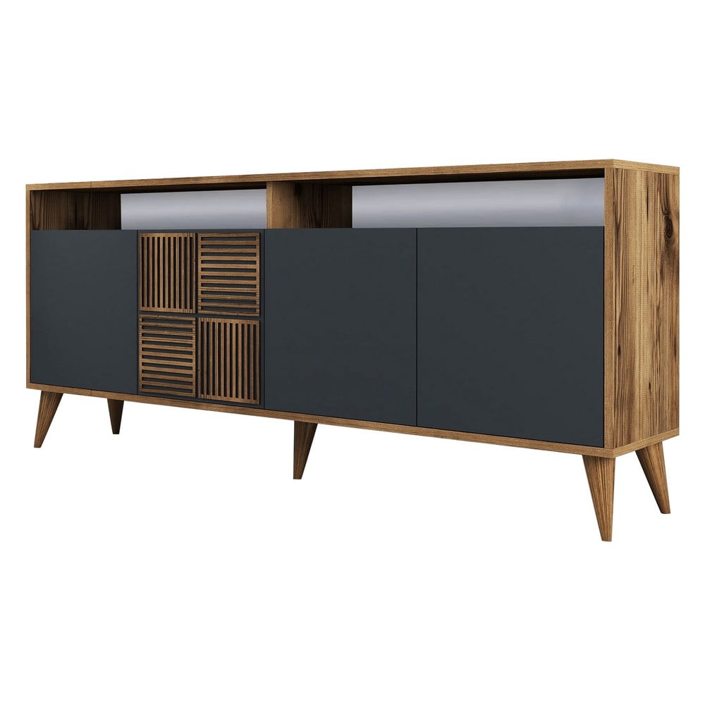 Comodă gri antracit/în culoare naturală joasă cu aspect de lemn de nuc 180x79 cm Milan – Kalune Design