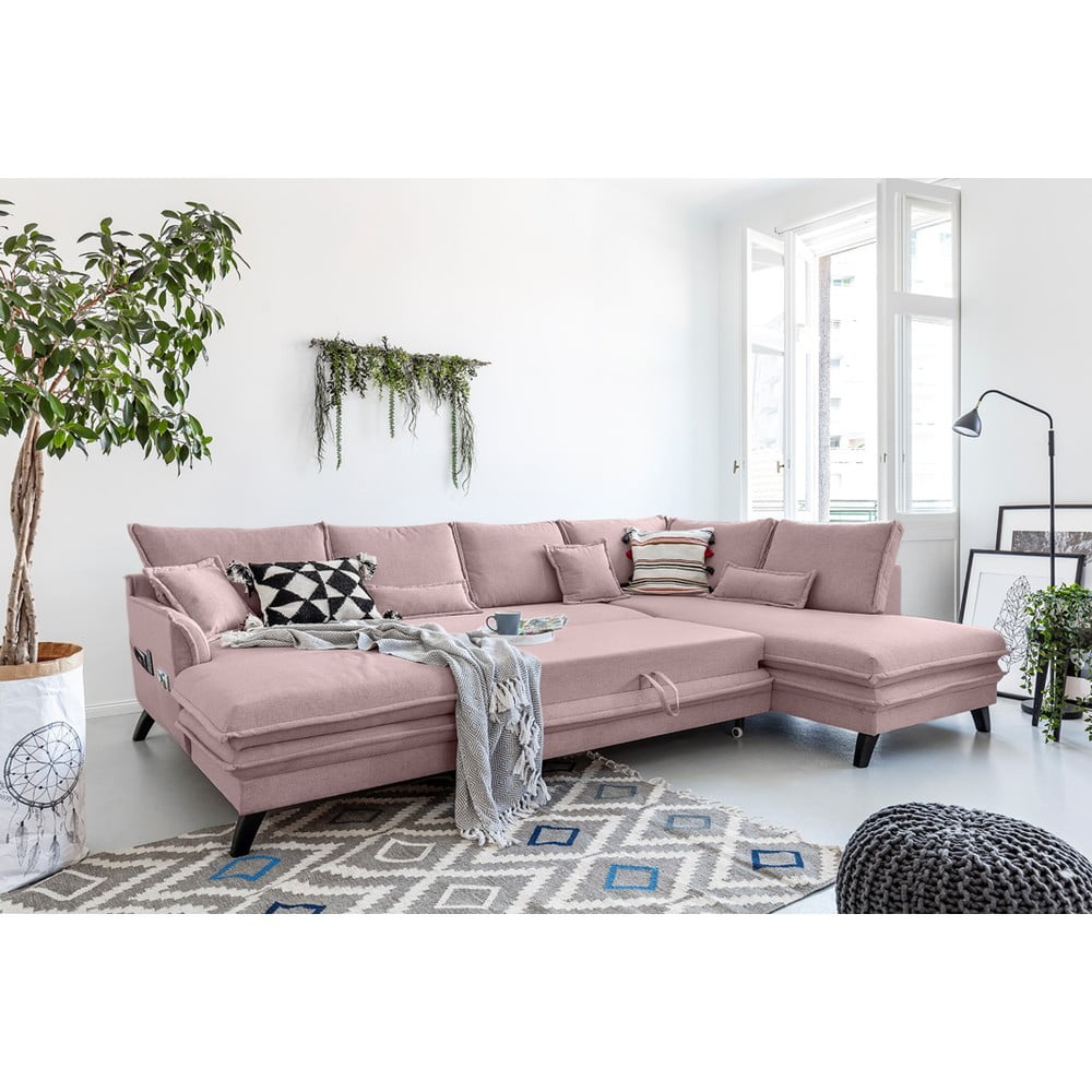 Canapea extensibilă în formă de „U” cu șezlong pe partea dreaptă Miuform Charming Charlie, roz pudră "U" imagine noua somnexpo.ro