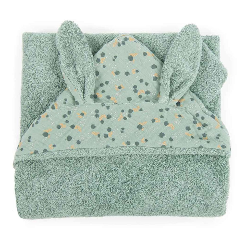 Prosop pentru copii din bumbac verde deschis cu glugă 80x80 cm Trois Petits Lapins - Moulin Roty