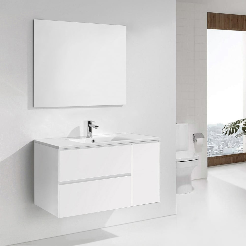 Dulăpior baie cu lavoar și oglindă Happy, nuanță de alb, 100 cm