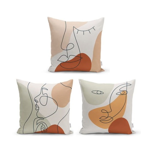 Set 3 fețe de pernă decorative Minimalist Cushion Covers Woman Face, 45 x 45 cm