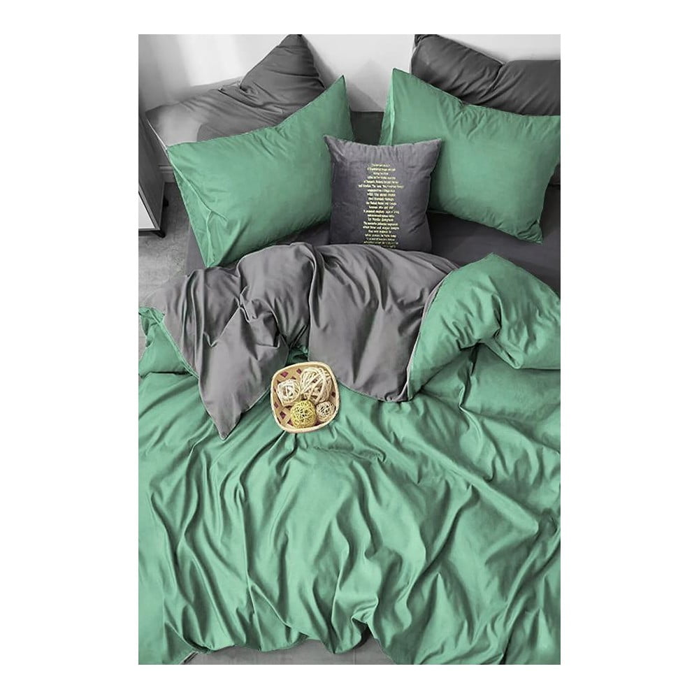 Lenjerie de pat verde/gri din bumbac ranforcé pentru pat dublu/extins cu cearceaf inclus/cu 4 piese 200x220 cm – Mila Home