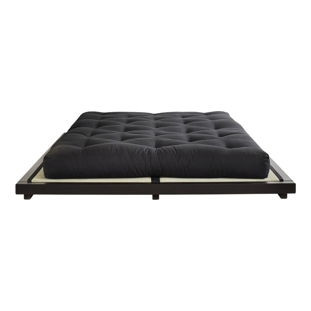 Pat dublu din lemn de pin cu saltea și tatami Karup Design Dock Comfort Mat Black/Black, 160 x 200 cm