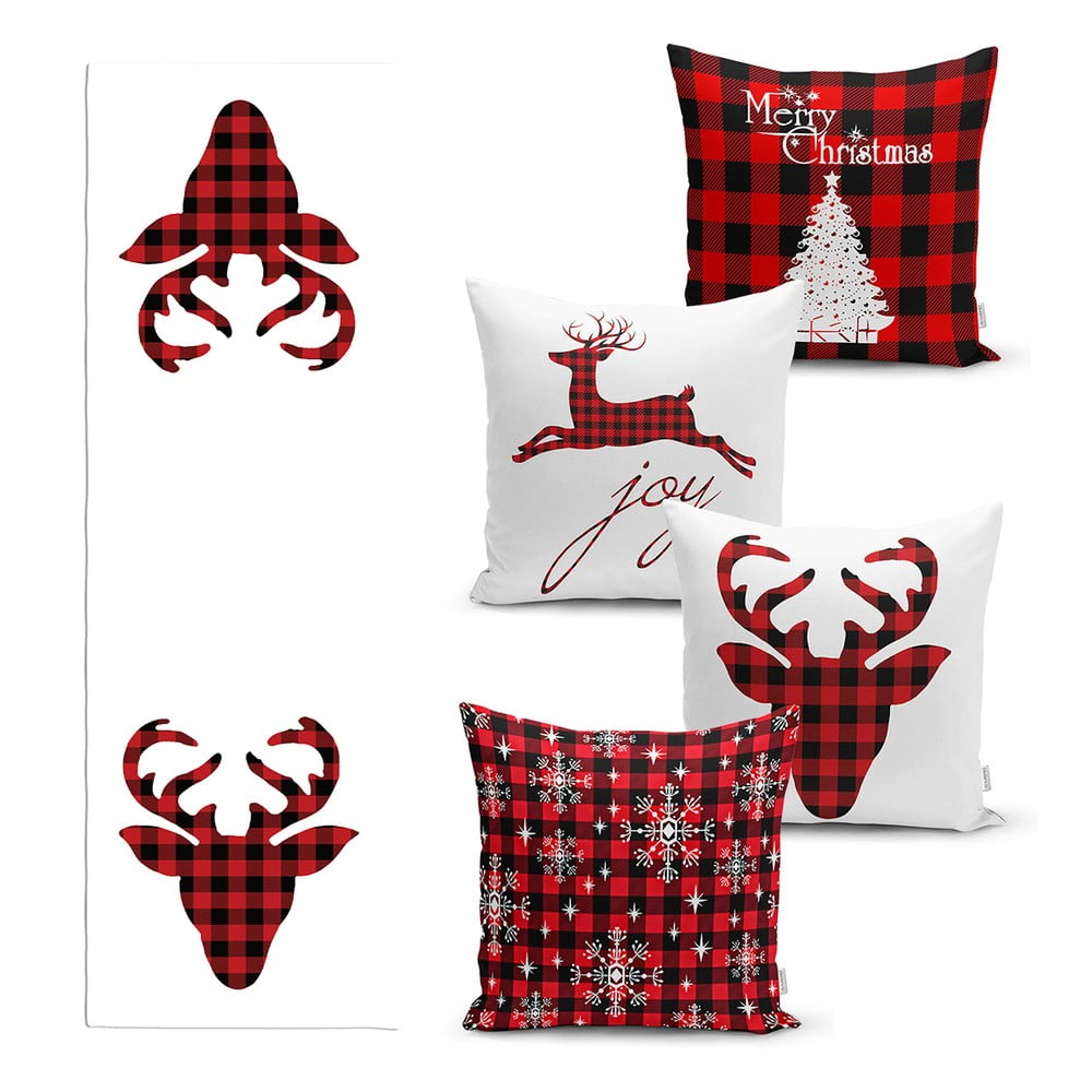 Set 4 fețe de pernă și un napron de masă cu model de crăciun minimalist cushion covers christmas tartan