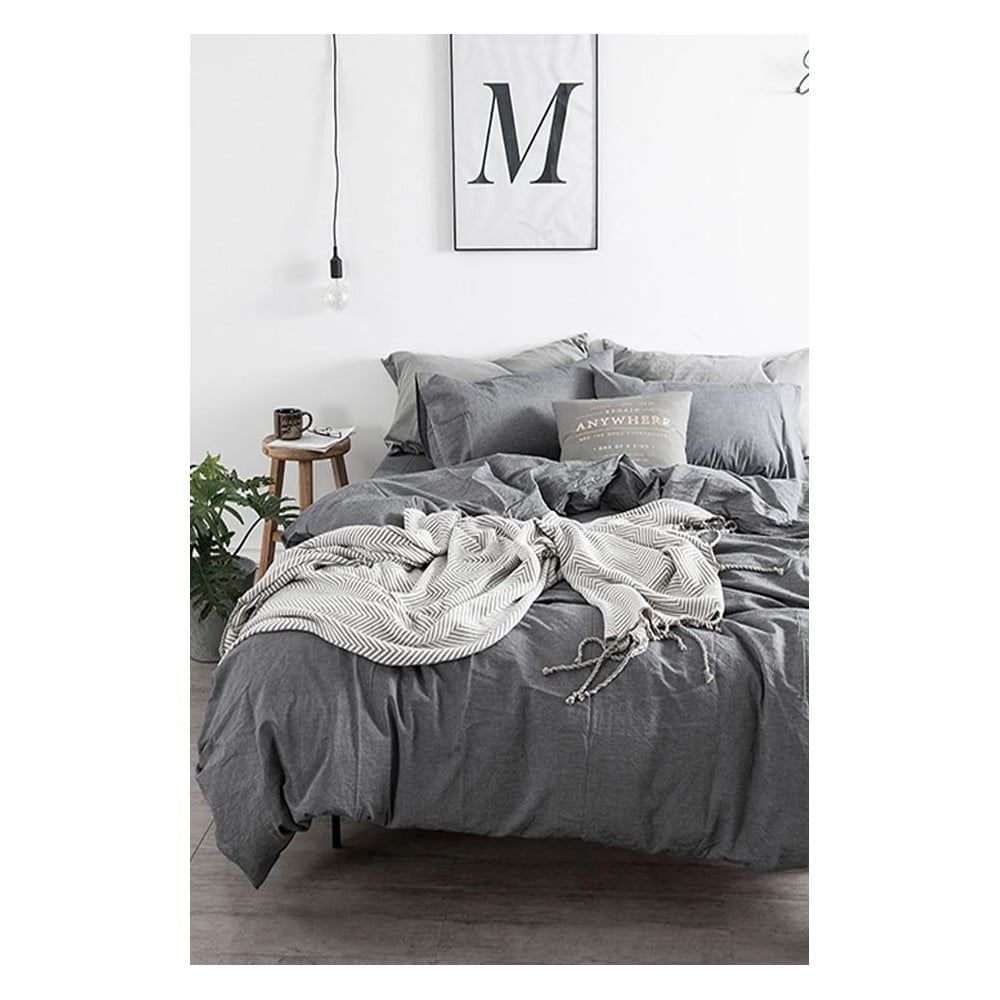 Lenjerie de pat gri din bumbac pentru pat dublu/extinsă cu cearceaf inclus/cu 4 piese 200x220 cm – Mila Home
