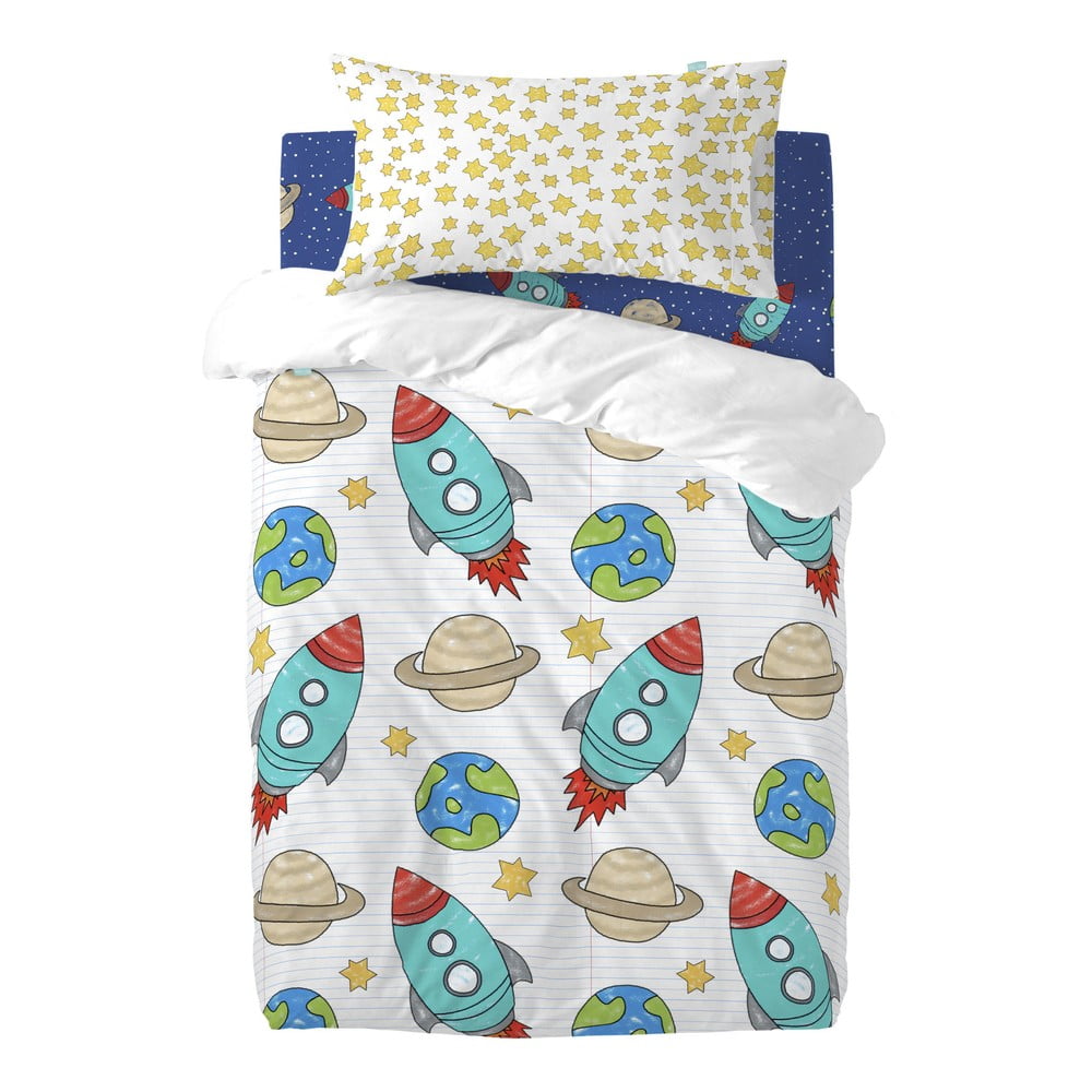 Lenjerie de pat din bumbac pentru copii, pentru pat de o persoană Mr. Fox Space Rocket, 115 x 145 cm