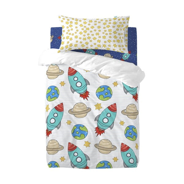 Lenjerie de pat din bumbac pentru copii, pentru pat de o persoană Mr. Fox Space Rocket, 115 x 145 cm