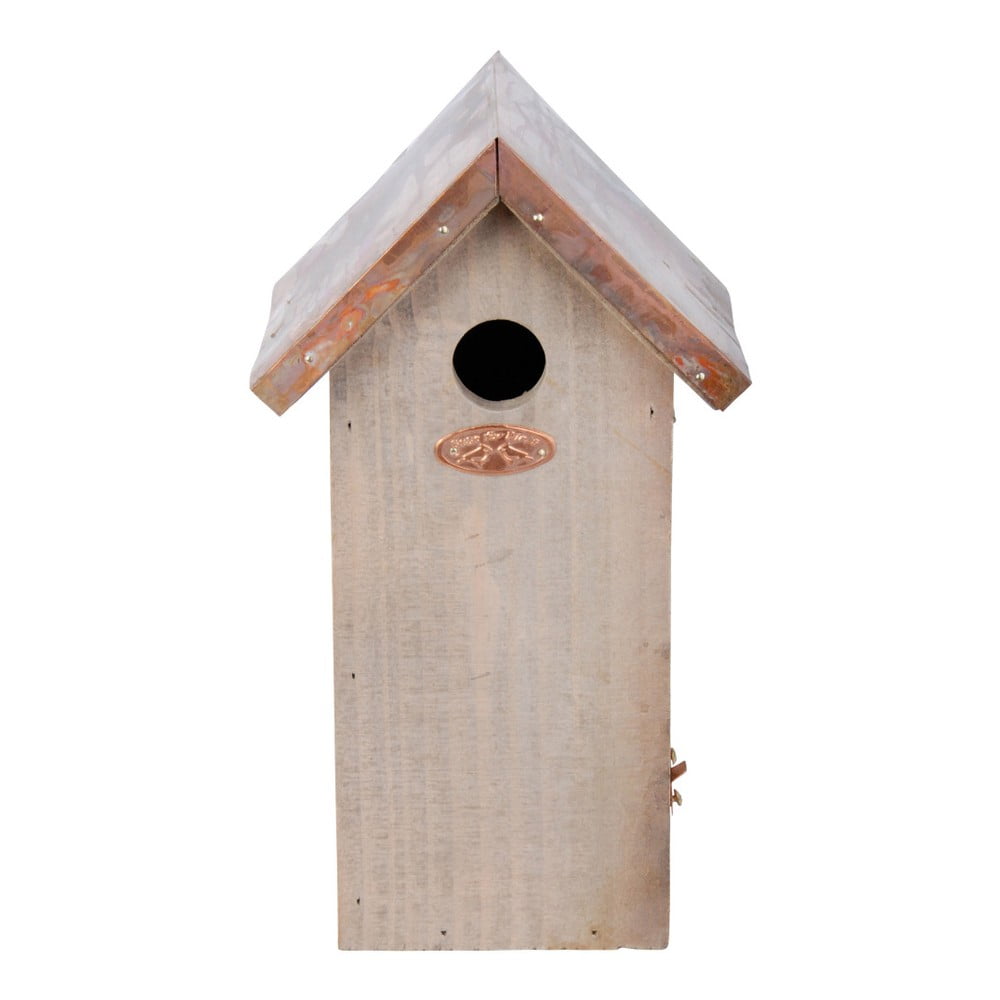 Căsuță din lemn de pin pentru păsări Esschert Design Antik, înălțime 30 cm, acoperiș arămiu