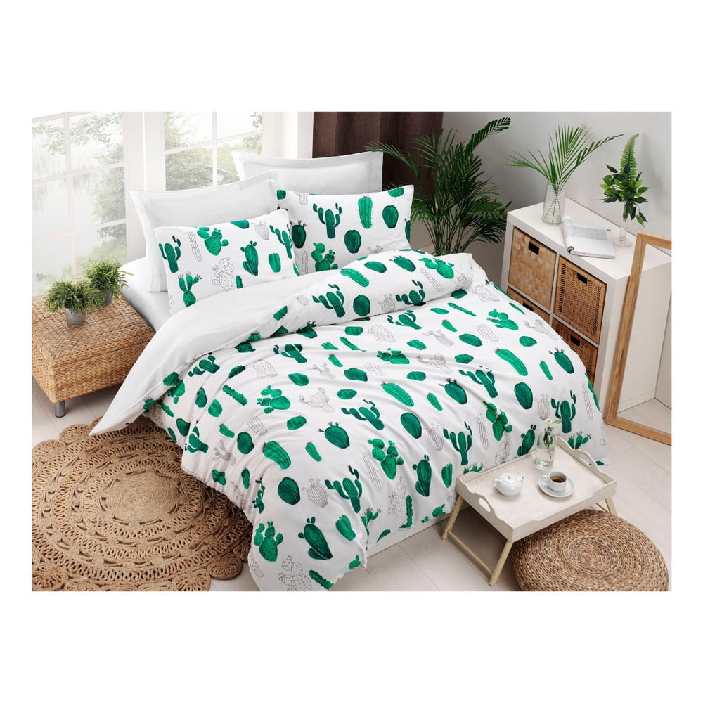 Lenjerie și cearșaf din amestec de bumbac pentru pat dublu Kaktus Green, 200 x 220 cm bonami.ro imagine 2022