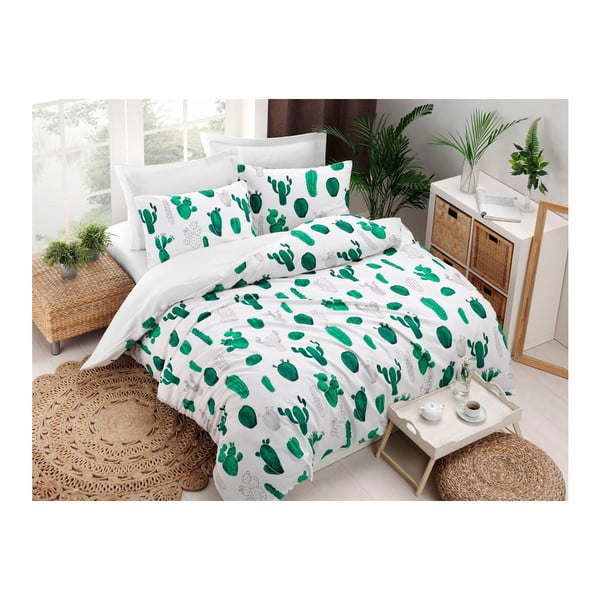Lenjerie și cearșaf din amestec de bumbac pentru pat dublu Kaktus Green, 200 x 220 cm