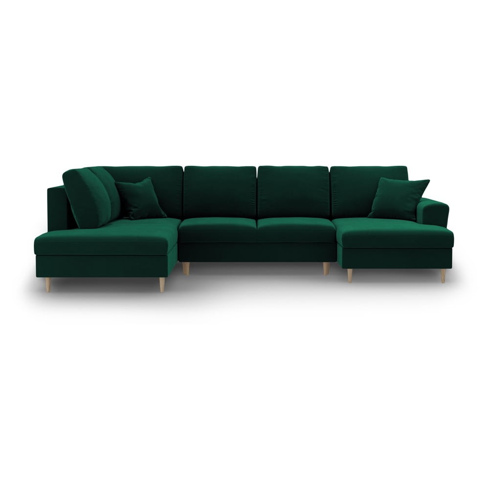 Colțar verde extensibil, cu spațiu de depozitare cu tapițerie din catifea (cu colț pe partea stângă-în formă de 
