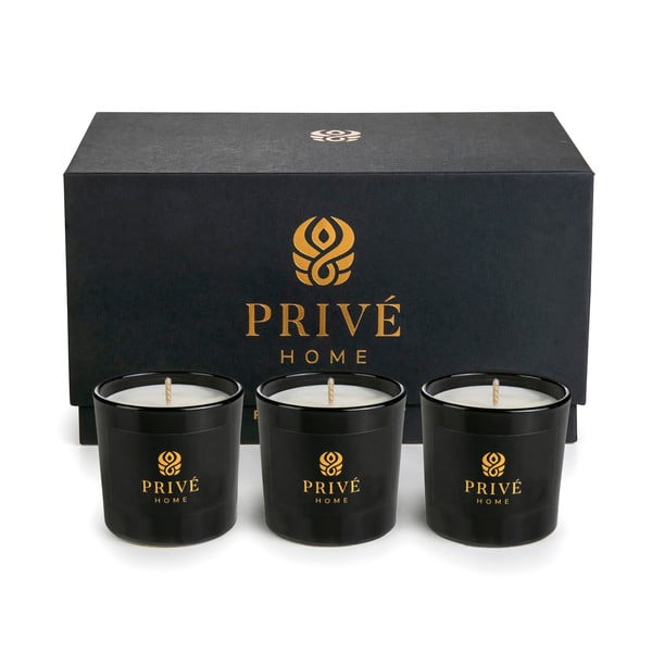Set de 3 lumânări parfumate Privé Home Delice d'Orient/Safran-Ambre Noir/Black Wood