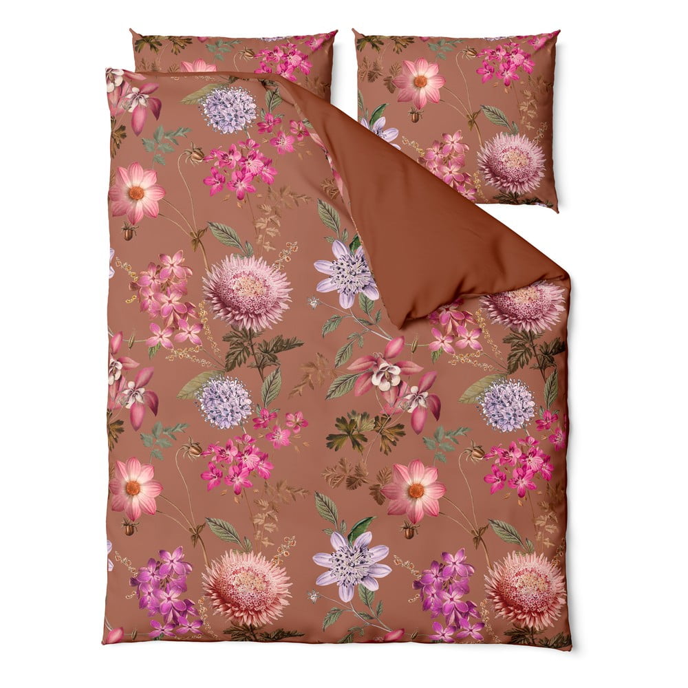 Lenjerie de pat din bumbac satinat pentru pat single Bonami Selection Blossom, 140 x 200 cm, maro teracotă Bonami Selection