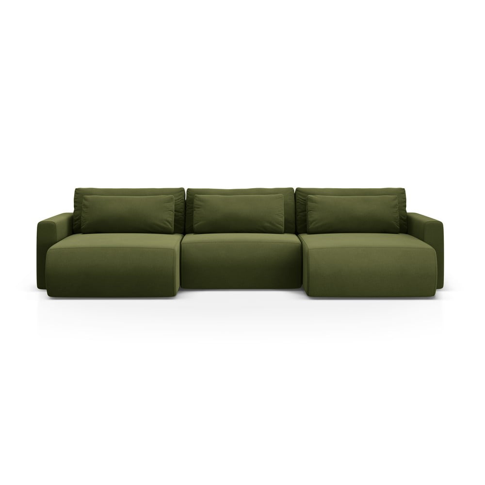 Colțar verde extensibil, cu spațiu de depozitare cu tapițerie din catifea (în formă de 