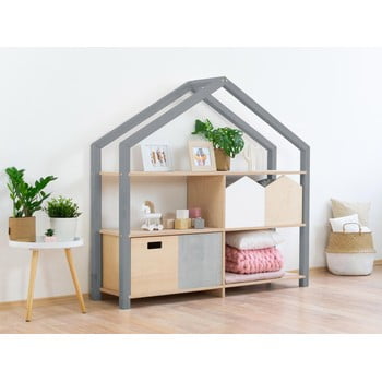 Bibliotecă gri din lemn tip căsuță cu rafturi bej benlemi shelly, 147 x 138 cm