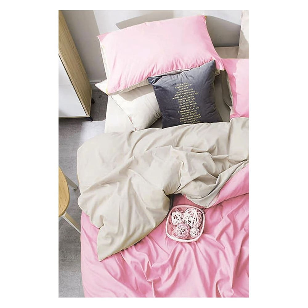 Lenjerie de pat roz/crem din bumbac pentru pat dublu/extinsă cu cearceaf inclus 200x220 cm – Mila Home